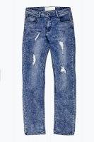 Damaged straight slim fit jeans in knit denim