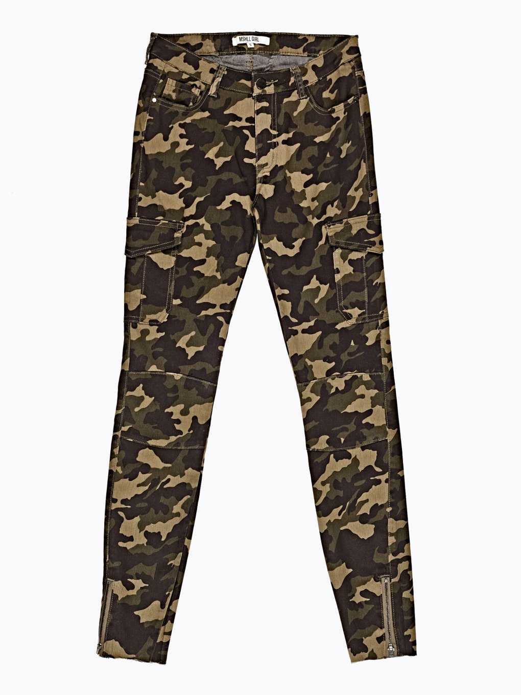 Camo print skinny trousers with zippers