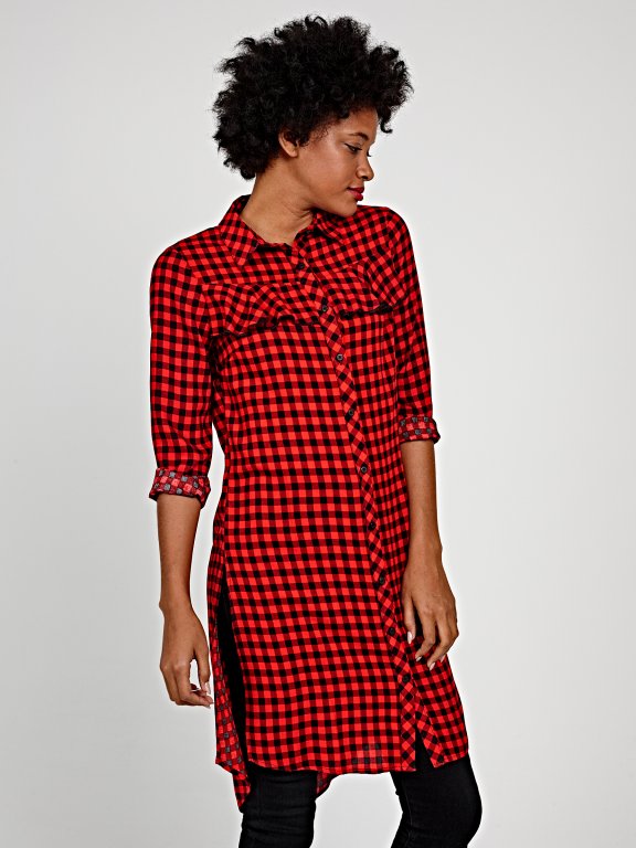 Longline plaid shirt with front ruffle