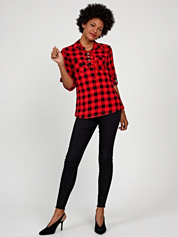 Plaid shirt with front lacing