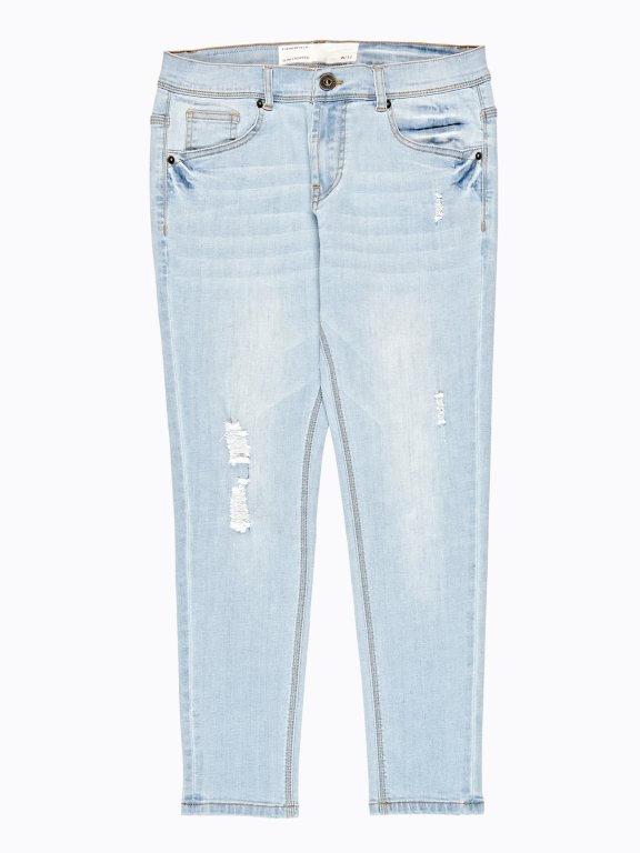 Distressed slim cropped fit jeans in light blue wash