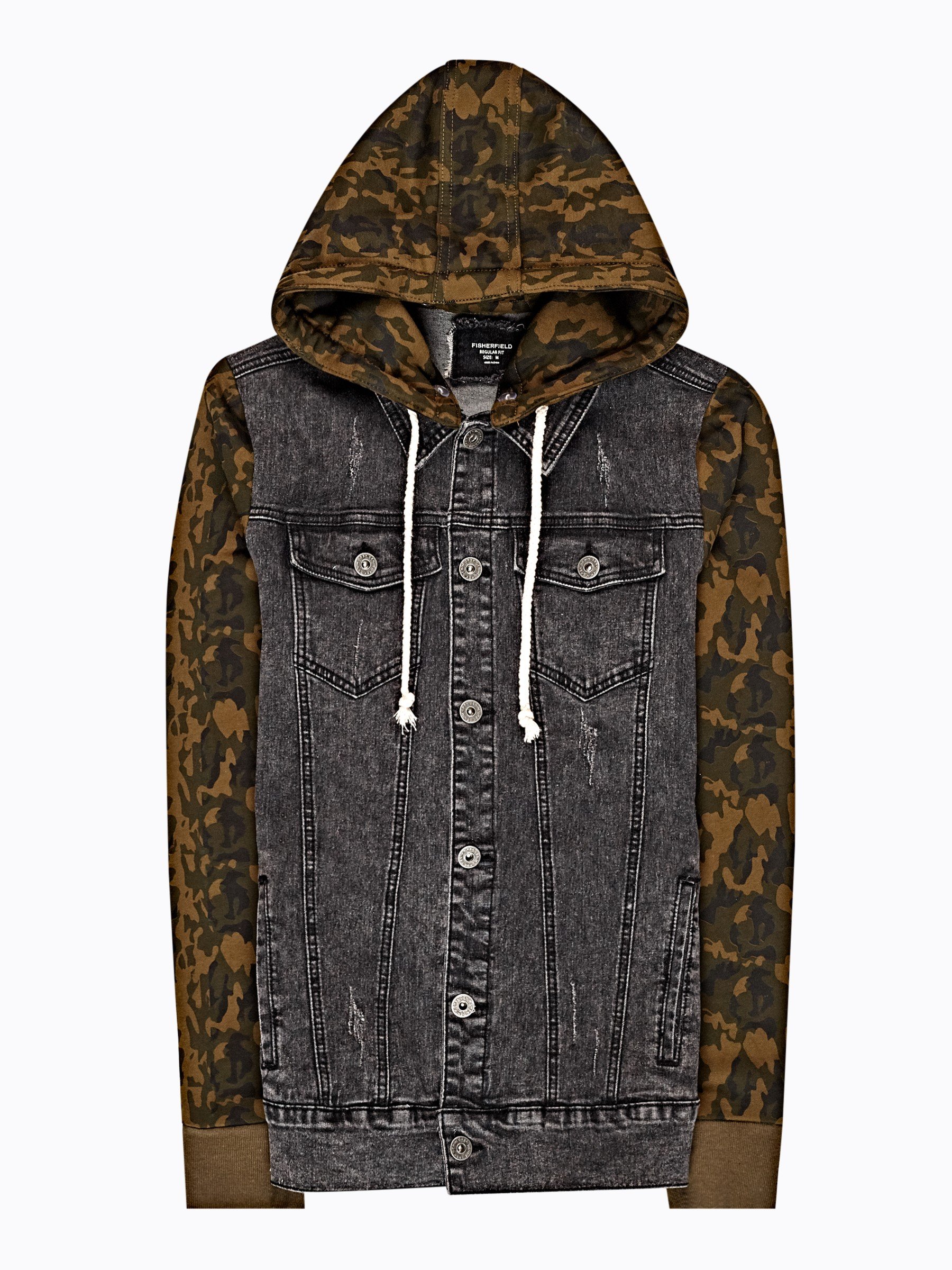 Denim jacket with camo print hood and 