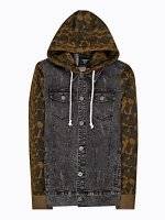 Denim jacket with camo print hood and sleeves