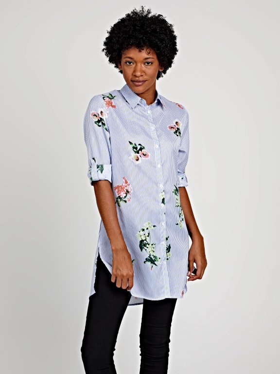LONGLINE STRIPED SHIRT WITH FLORAL PRINT