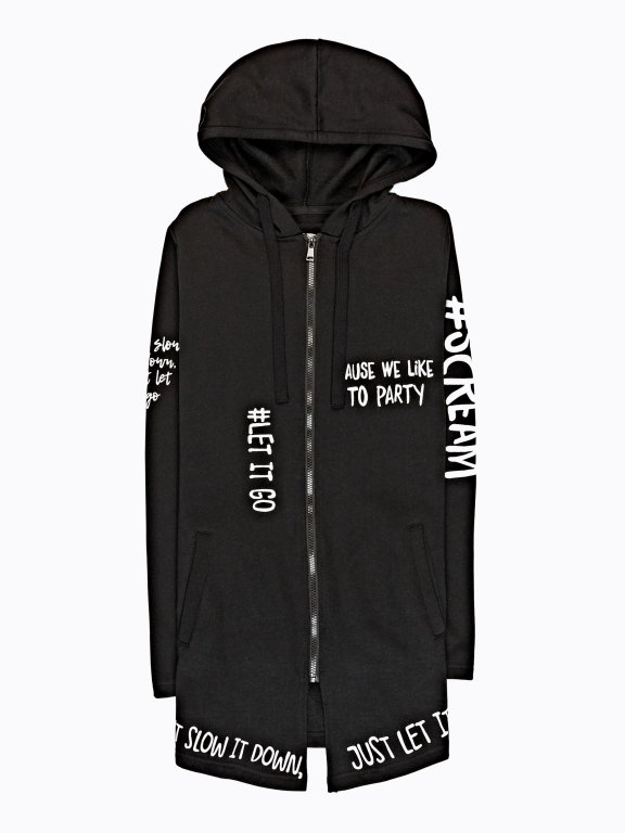 Longline zip-up hoodie with message print