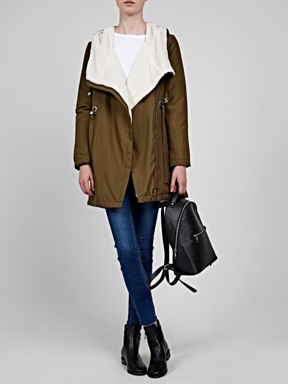 Pile lined parka with asymmetrical zipper