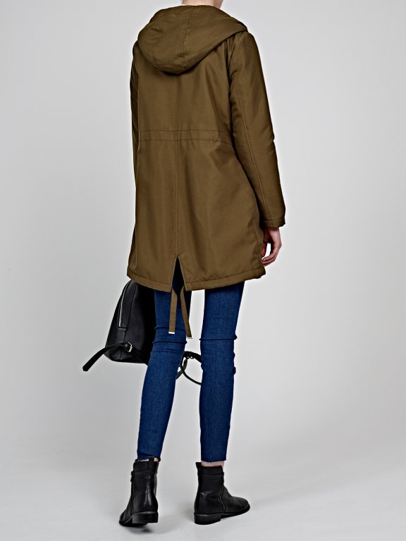 Pile lined parka with asymmetrical zipper