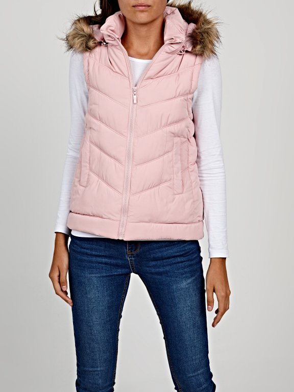 Quilted padded vest with removable hood