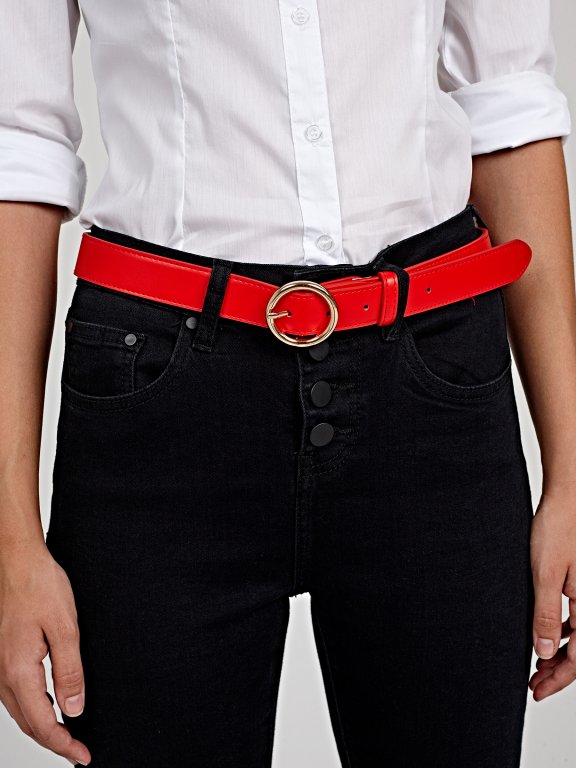 Belt with round metal buckle