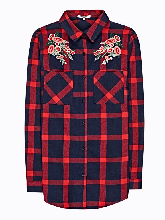 Plaid shirt with floral embroidery
