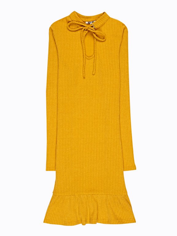 Rib-knit dress with ruffle hem and front lacing