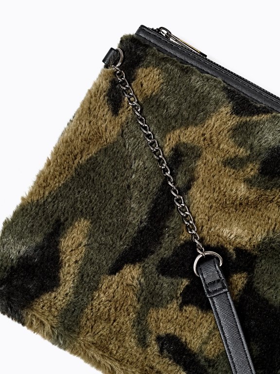 Camo print faux fur messenger bag