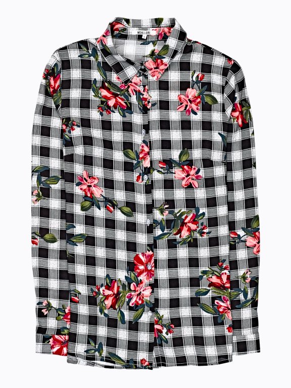 Gingham viscose shirt with floral print