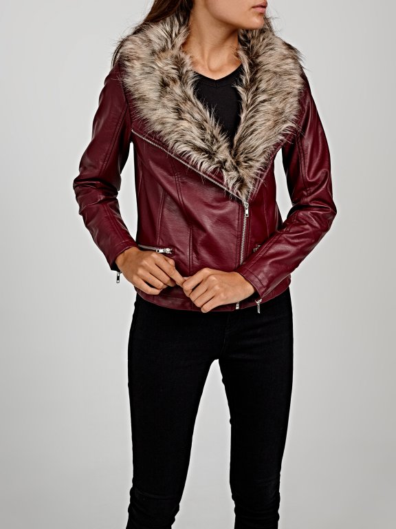 Biker jacket with removable fur collar