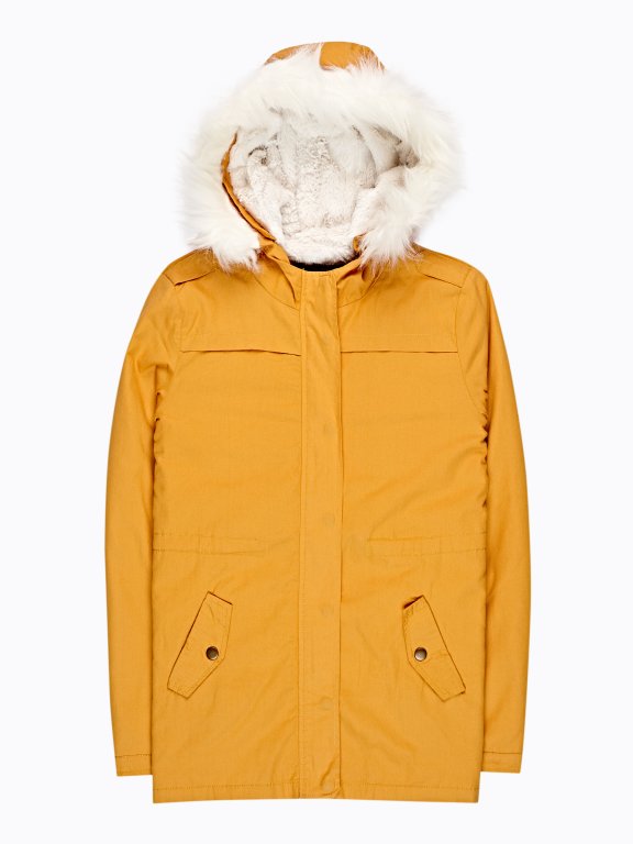 Cotton parka with pile lining and removable faux fur
