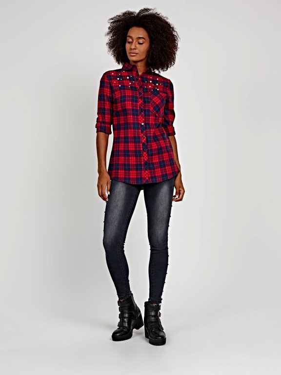 PLAID SHIRT WITH PEARLS