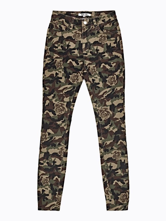 Skinny Hose mit Camouflage- und Blumendruck