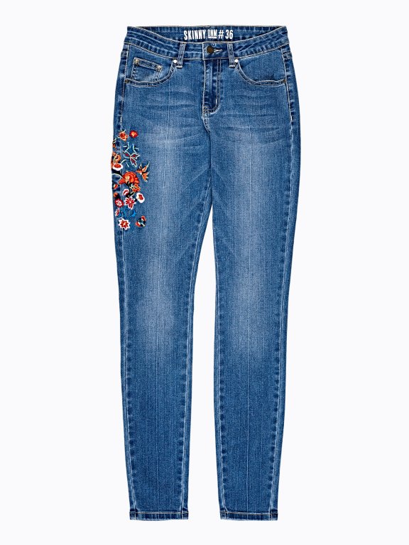 Jeansy skinny z haftem kwiatowym