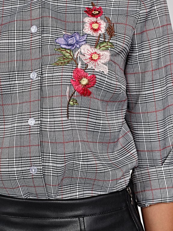 Plaid shirt with emroidery detail and ruffle collar