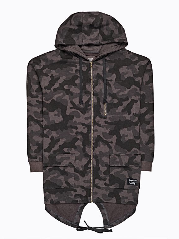Longline camo print zip-up hoodie with fish tail