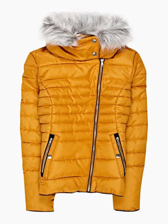 Quilted padded jacket with fur collar