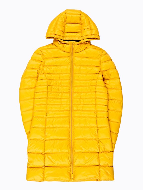 Basic longline quilted light padded nylon jacket with hood