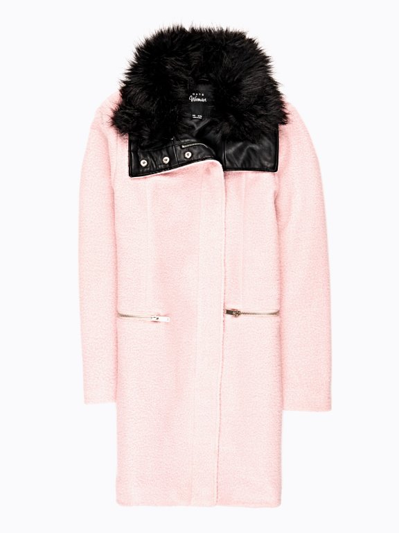 PLAIN COAT WITH FAUX FUR LINED COLLAR