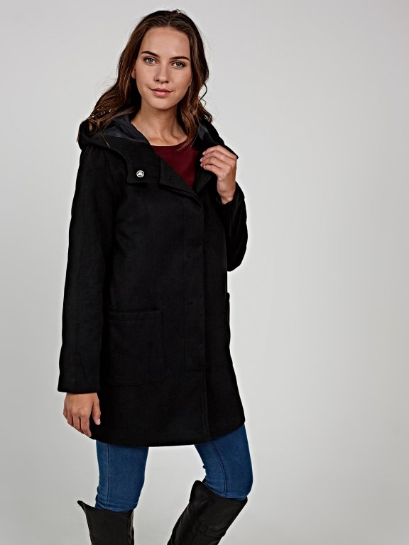 Plain coat with oversized hood