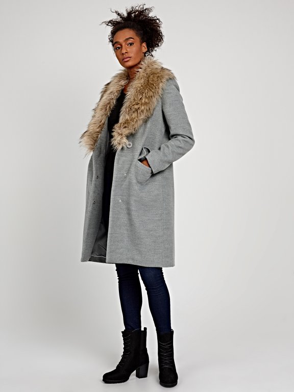 Longline plain coat with removable fur