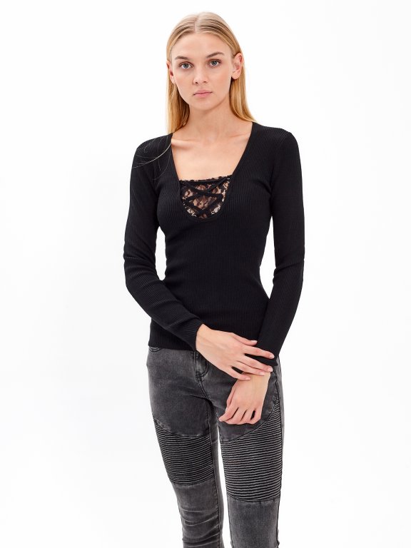 Rib-knit jumper with front lacing