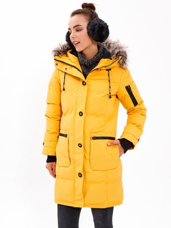 Longline padded nylon jacket with hood