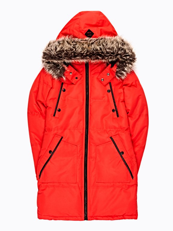 Longline padded nylon jacket with removable hood
