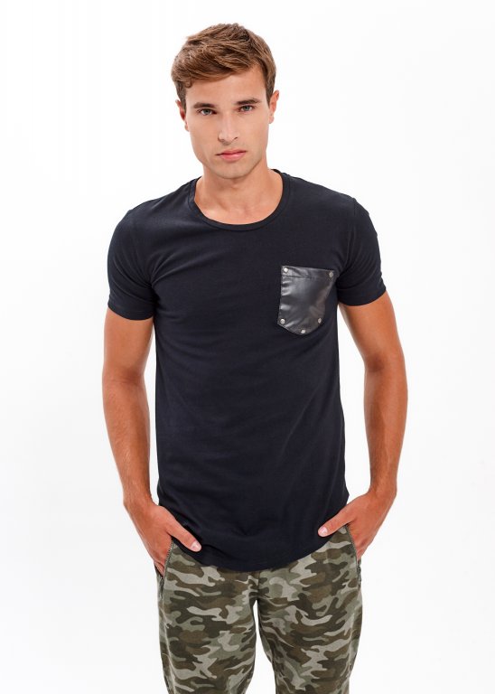 T-SHIRT WITH FAUX LEATHER CHEST POCKET