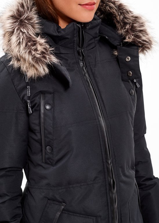 Longline padded nylon jacket with removable hood