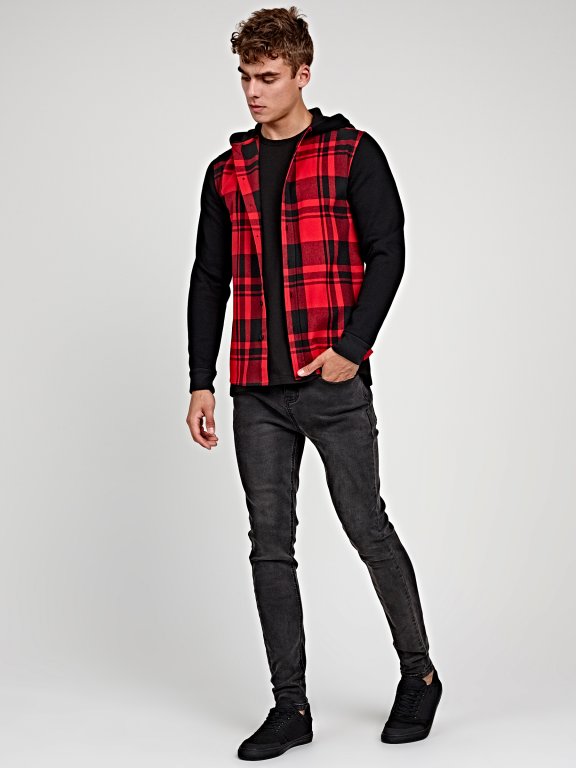 PLAID SHIRT WITH CONTRAST SLEEVES AND HOOD