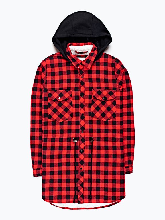 Pile lined checked shacket with hood