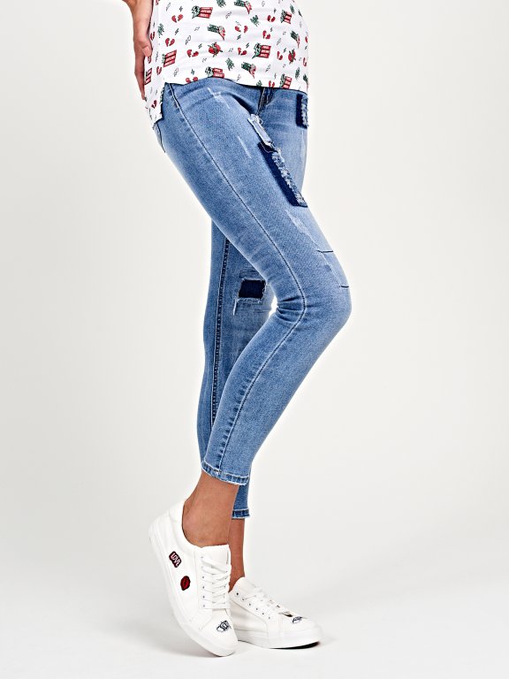 Patch skinny jeans in mid blue wash