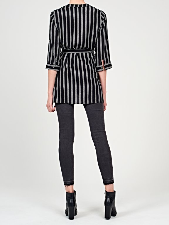 Prolonged striped viscose blouse with belt