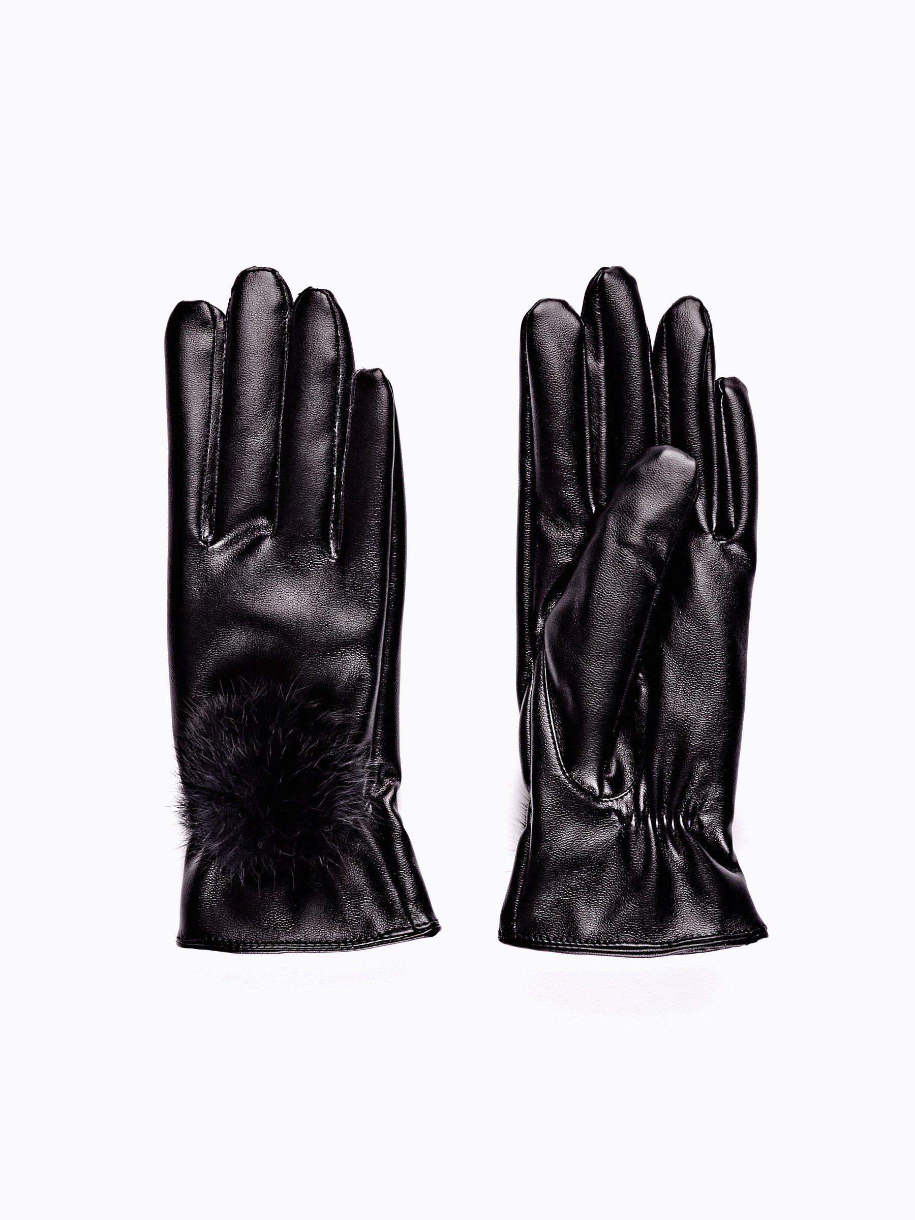 black leather pom pom gloves