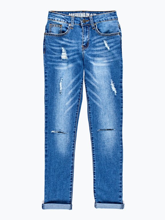 Damaged boyfriend jeans in mid blue wash