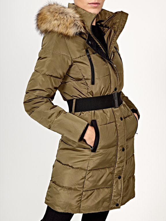 Belted padded jacket with removable hood