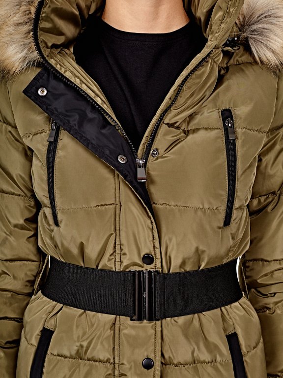 Belted padded jacket with removable hood