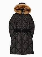 Longline quilted padded jacket with belt and faux fur