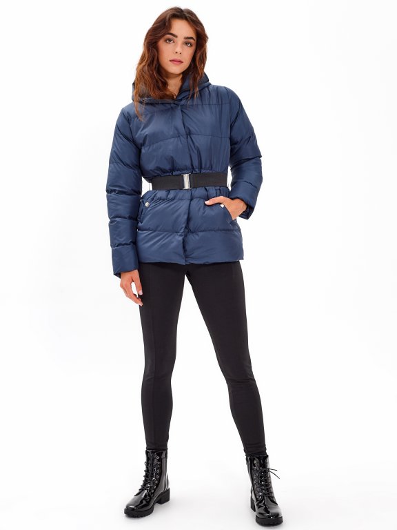 QUILTED HOODED JACKET WITH STRETCH BELT