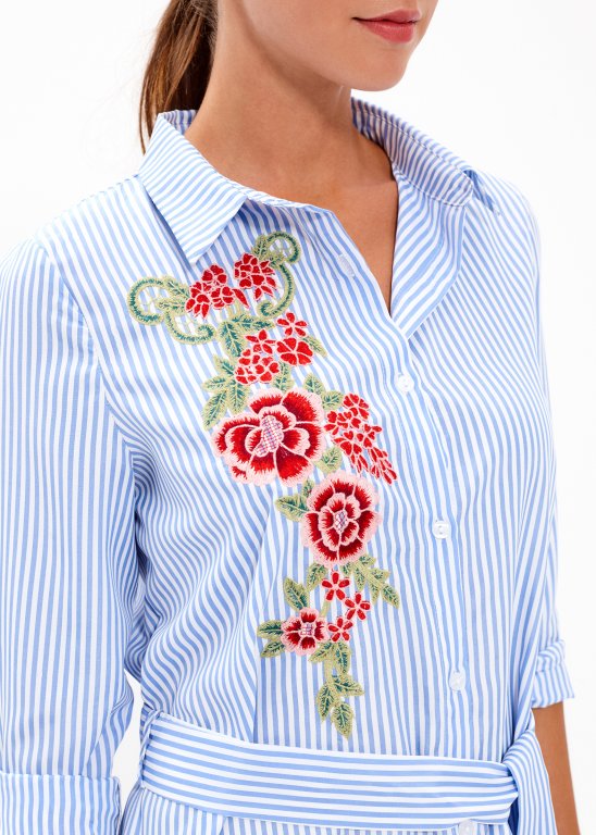 LONGLINE STRIPED SHIRT WITH FLORAL EMBROIDERY