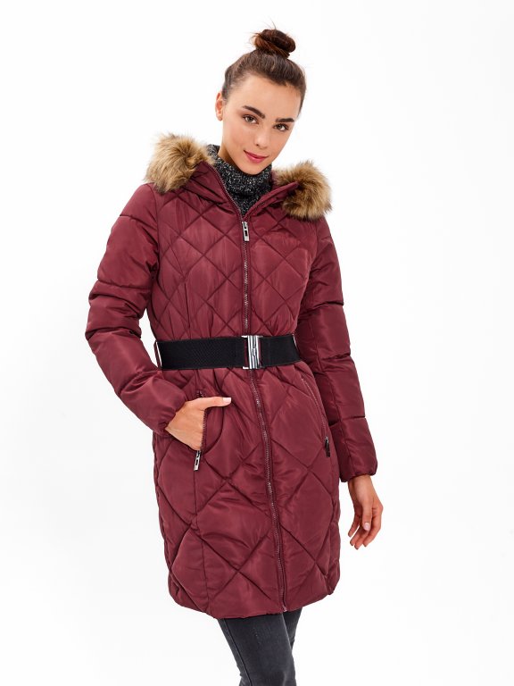 Longline quilted padded jacket with belt and faux fur