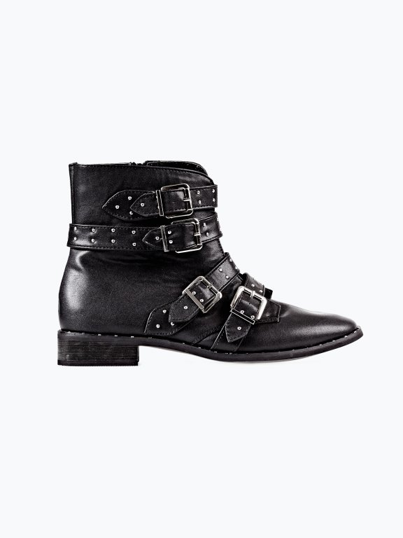 Studded buckle-strap ankle boots