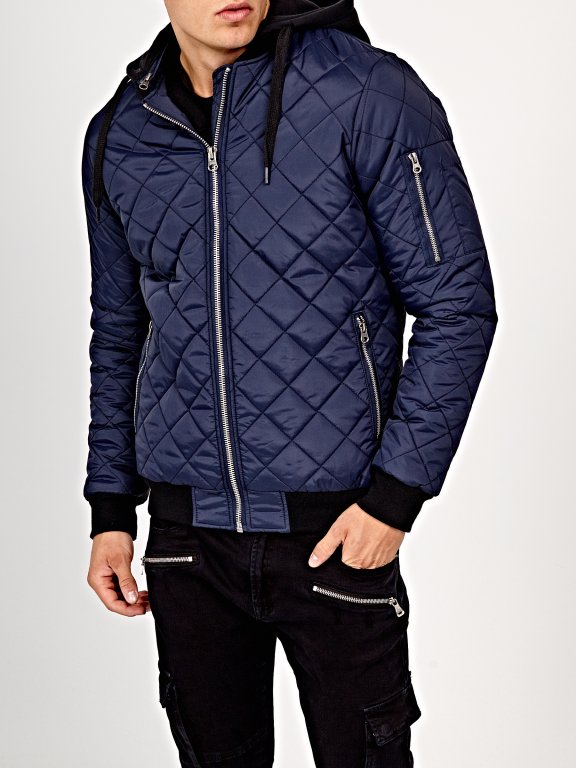 Quilted bomber jacket with removable hood