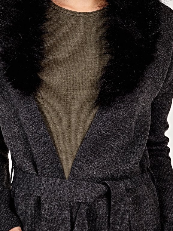Marled cardigan with faux fur collar