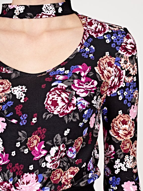 Floral print choker neck top